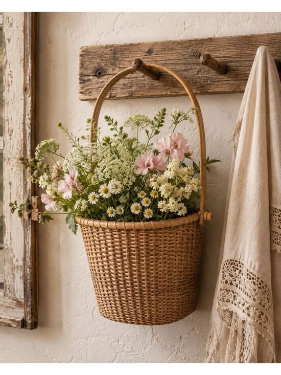Unbranded Other - Nantucket Style Wall Basket Tight Weave Wood Handle and Bottom French Country Co
